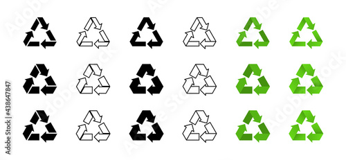 A set of icons for packaging products. Recycling symbol. Triangular icon with three arrows. Vector elements