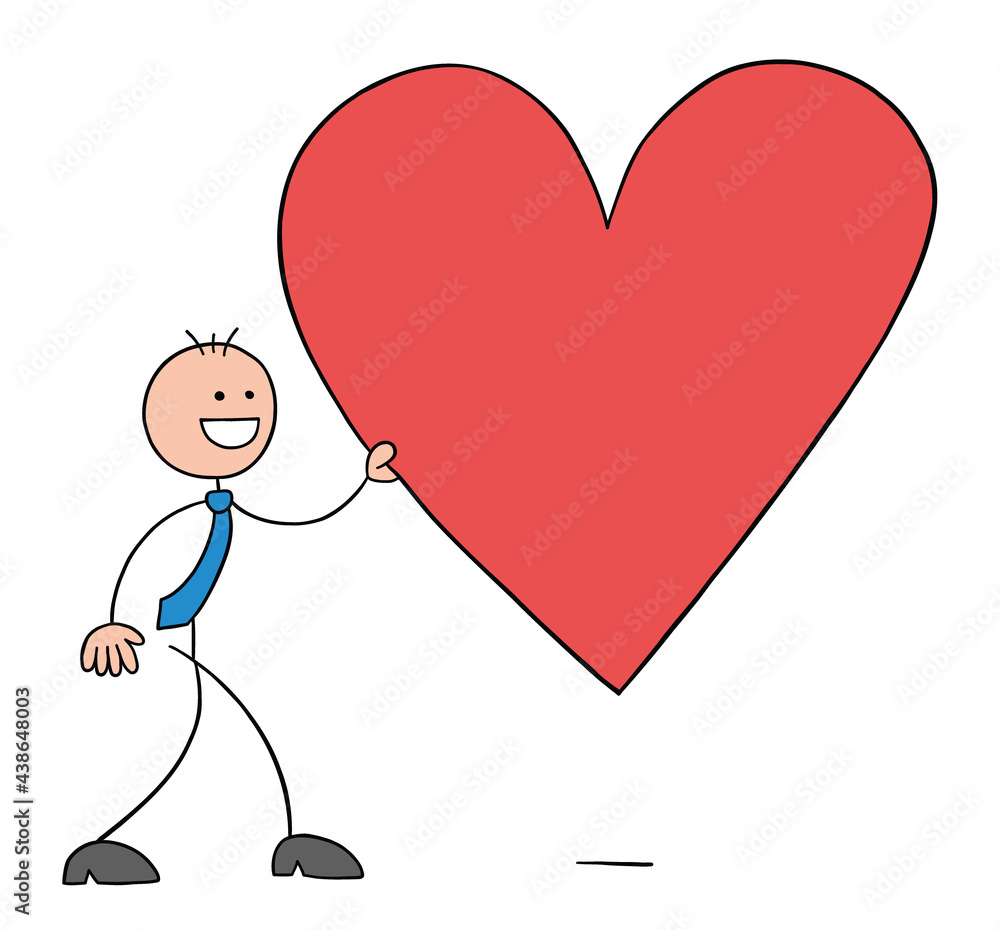 Stickman businessman character walking and holding big heart symbol, vector cartoon illustration Stickman businessman character walking and holding big heart symbol, vector cartoon illustration
