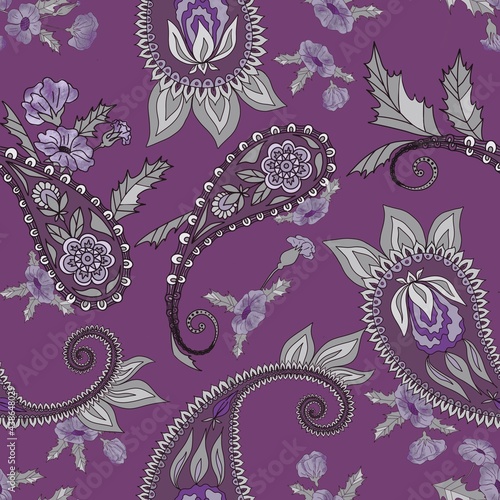 Paisley seamless pattern in blue tones on a purple background. An endless buta motif for fabrics, carpets, prints and more.