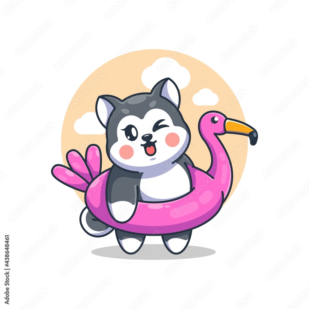 Cute husky dog wearing flamingo swim ring cartoon