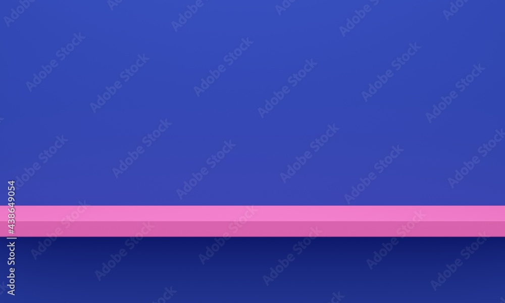 Empty pink shelf on blue wall. Minimalist backdrop design for product promotion. 3d rendering Empty pink shelf on blue wall. Minimalist backdrop design for product promotion. 3d rendering