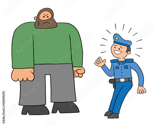 Cartoon police man afraid of the big man, vector illustration