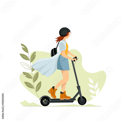 Young female character with backpack ride modern urban transport electric kick scooter. Active hipster adult millennial uses lifestyle ecology technologies. Vector illustration on cityscape