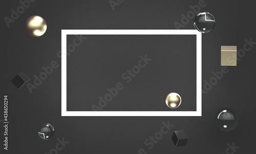 Rectangular frame lamp with golden and glass flying shapes on black background. Backdrop design for product promotion. 3d rendering