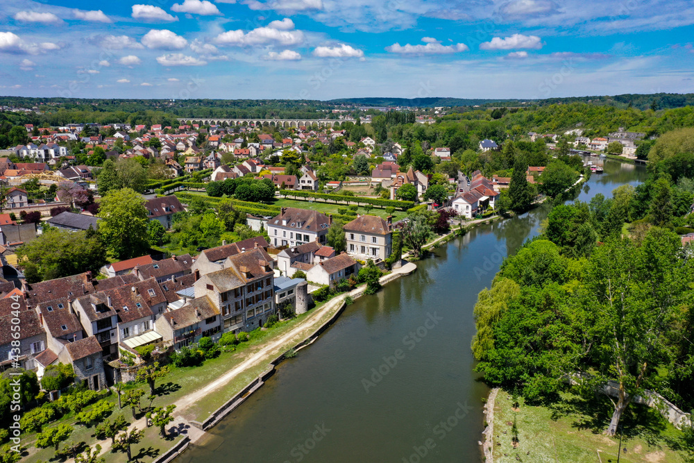 aerial view during the spring on the town of Moret sur Loing