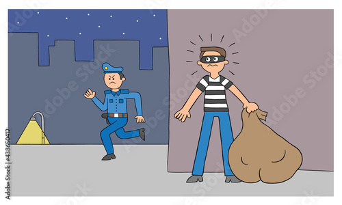 Cartoon thief man is hiding behind the wall, the police are looking for him, vector illustration