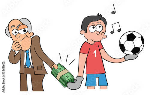 Cartoon man offers to bribe the goalkeeper to score a goal, vector illustration