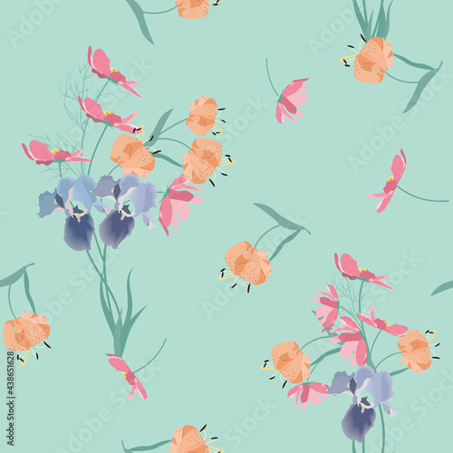 Seamless vector illustration with gentle kosmea  lily  iris in a green background.