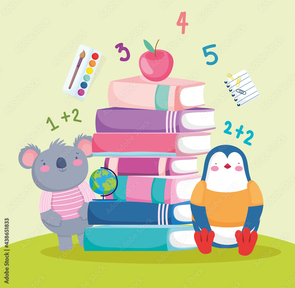 Fototapeta premium penguin koala with school books