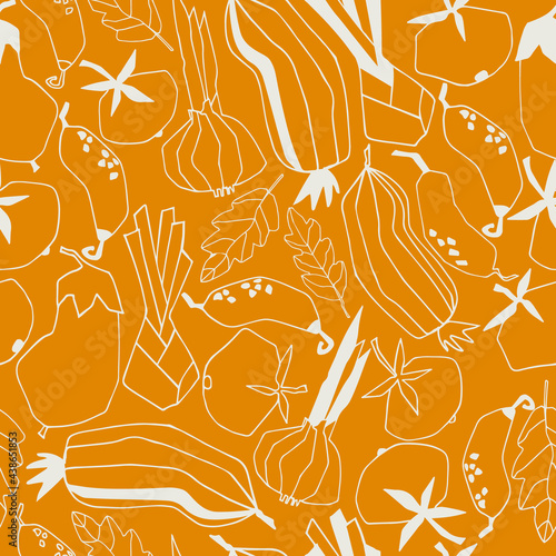 Seamless repeating pattern with vegetables. Stylized vector line art. Abstract trendy illustrations on beige background. Healthy food, carbs, veganism concept