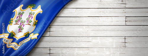 Connecticut flag on white wood wall banner, USA