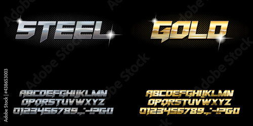 Bold Style alphabet Font set on a dark background, gold and steel.