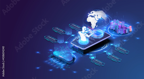 Futuristic infrastructure of a smart night city. City, connected with planet through global mobile internet and cloud on phone. World communication concept. Vector isometric illustration