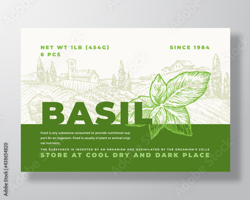 Basil Label Template. Abstract Vector Packaging Design Layout. Modern Typography Banner with Hand Drawn Herb Leaves and Rural Landscape Background. Isolated