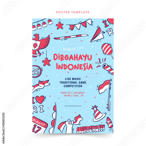 Hand-drawn poster template Indonesia Independence day, Dirgahayu means celebration, Merdeka means Independence