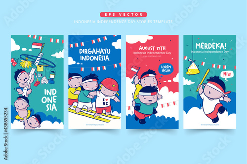 Set of Indonesia Independence day stories template with Lomba or traditional game on aAugust, Merdeka means independent, Dirgahayu means celebration