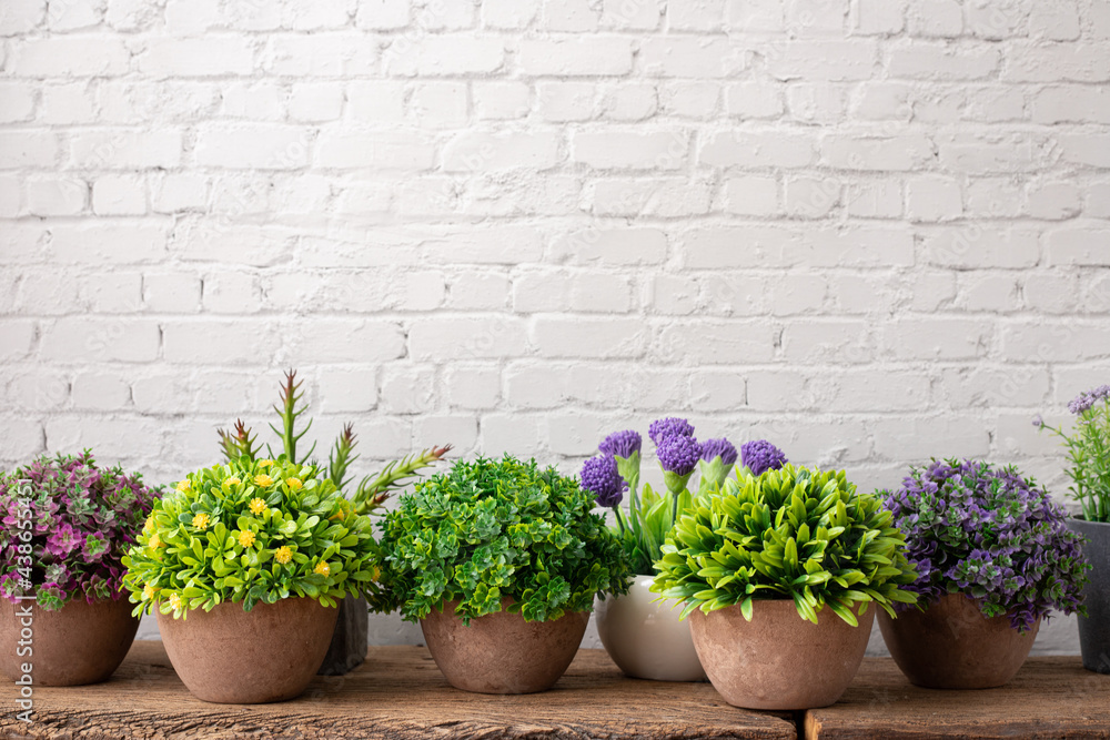 Naklejka premium flowerpots on wood table.