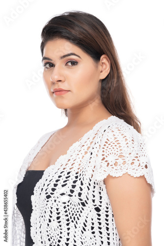 Lifestyle of a Indian woman, wearing hot pants and crochet jacket