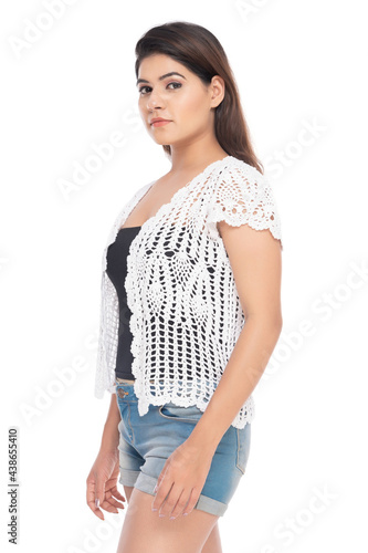Lifestyle of a Indian woman, wearing hot pants and crochet jacket