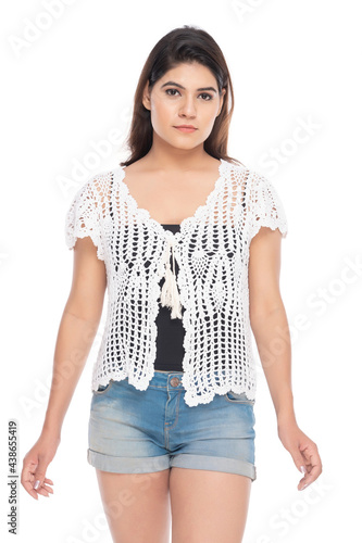 Lifestyle of a Indian woman, wearing hot pants and crochet jacket