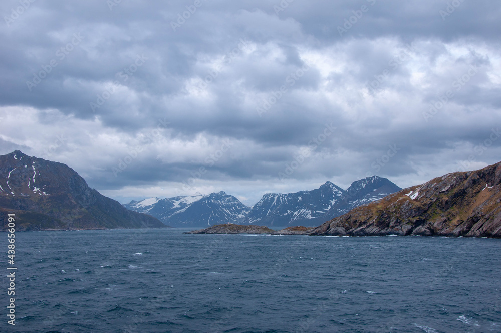 Norwegian fjords shore landscapes view from the sea