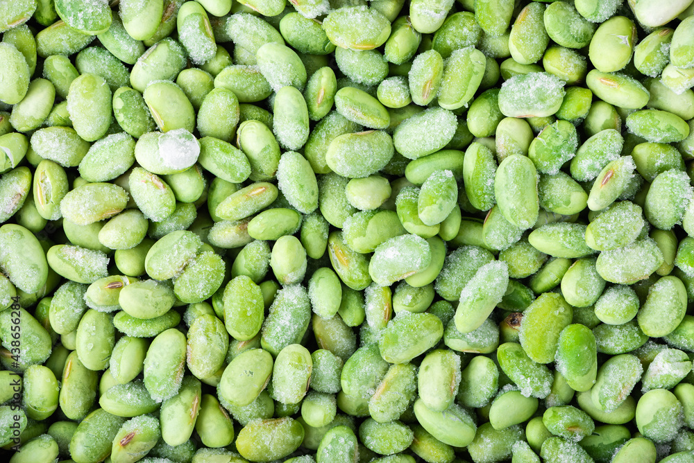 Closeup of frozen edamame beans, top view Closeup of frozen edamame beans, top view