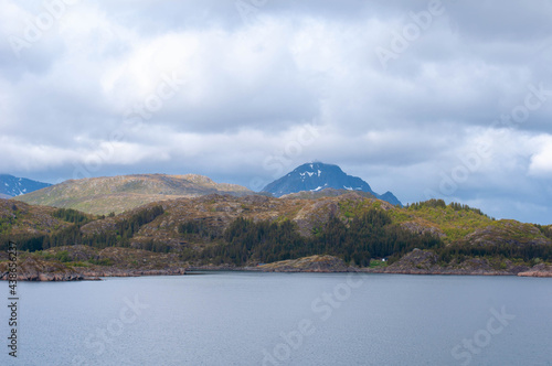 Norwegian fjords shore landscapes view from the sea