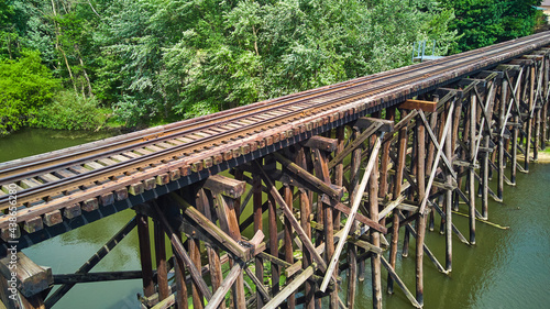 Old wooden railroad train tracks across river