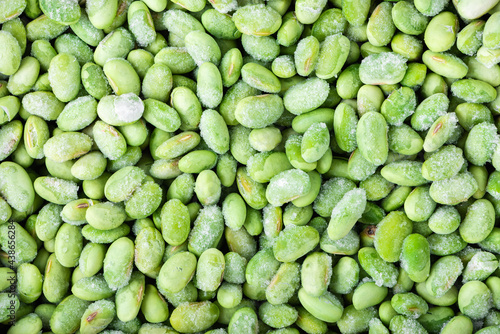 Closeup of frozen edamame beans, top view