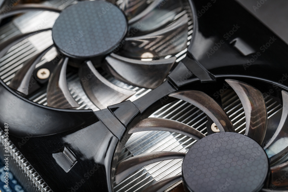 Video card cooling system cooler Selective focus, macro Video card cooling system cooler Selective focus, macro