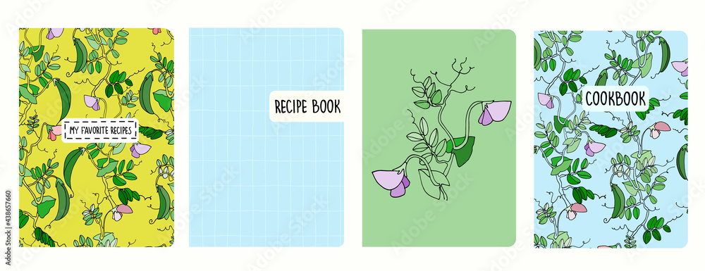 Cover page vector templates for recipe books with pea plant illustrations and hand drawn grid pattern. Cookery books cover layout. Based on seamless patterns. Headers isolated and replaceable