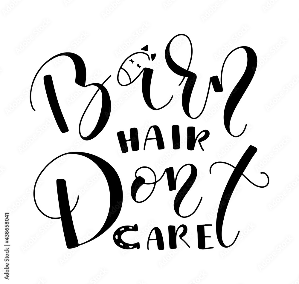 Fototapeta premium Barn hair dont car, black lettering with doodle horse, vector illustration isolated on white background