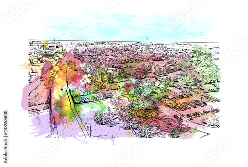 Building view with landmark of Grande Prairie is a city in  Canada. Watercolor splash with hand drawn sketch illustration in vector.