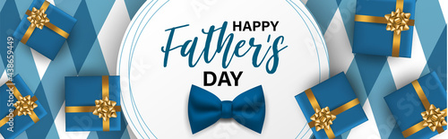 Happy Fathers Day. Holiday banner background with lettering, blue bow and presents. Vector illustration.