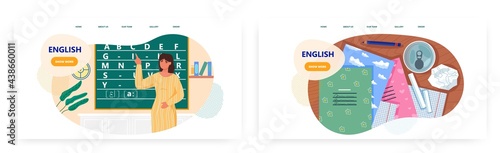 English lesson landing page design, website banner vector template. School teacher teaching English alphabet. education.