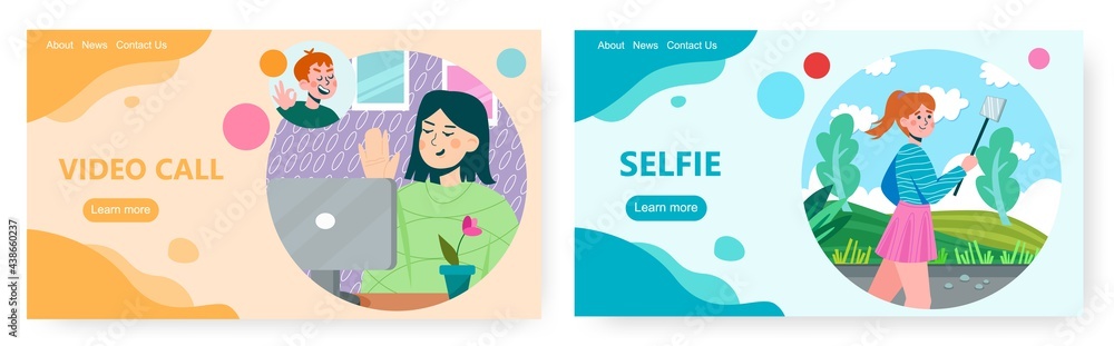 Happy women using mobile devices for video call and taking selfie. Landing page design, website banner vector templates. Happy women using mobile devices for video call and taking selfie. Landing page design, website banner vector templates.