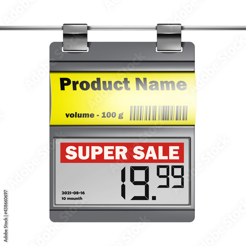 Electronic shelf label. E-paper display for supermarket price tags with paper label holder. Vector template