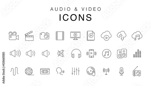 Audio Video Icons Pack. Thin line icons set. Flat icon collection set. Simple vector icons