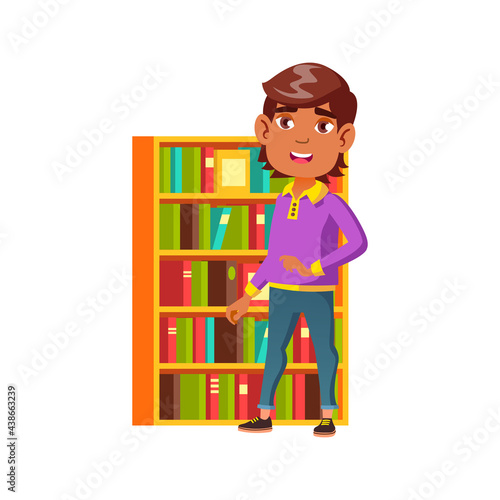 preteen hispanic boy staying near home library shelves with books cartoon vector. preteen hispanic boy staying near home library shelves with books character. isolated flat cartoon illustration