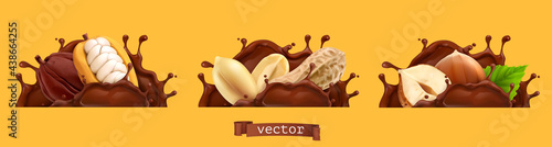 Chocolate splashes with peanuts, cocoa and hazelnuts. 3d realistic vector icon set