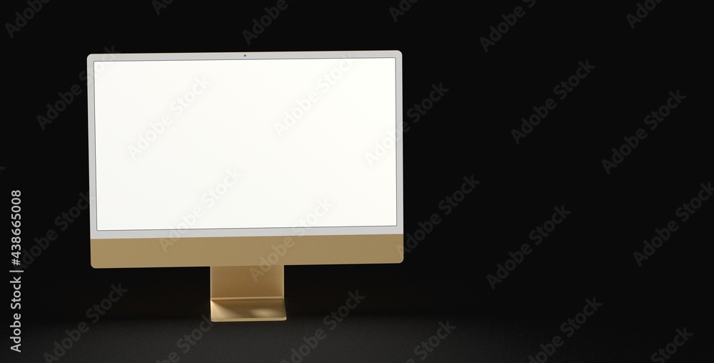 Realistic 3D Computer, with a white screen, isolated on a background dark gold Realistic 3D Computer, with a white screen, isolated on a background dark gold