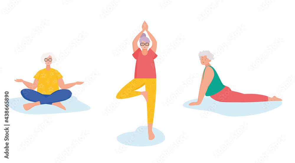 Yoga for Seniors. Asanas for older women. Cartoon vector illustration Yoga for Seniors. Asanas for older women. Cartoon vector illustration