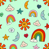 A Seamless Pattern of Happy Sky Elements with Smiling Faces
