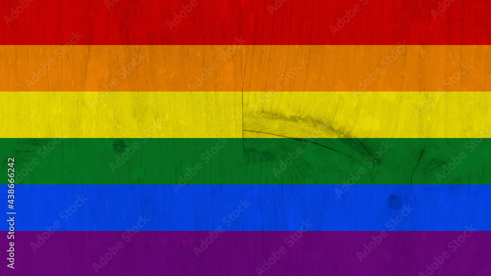 The rainbow flag (a symbol of lesbian, gay, bisexual, transgender, and queer pride) painted on a piece of raw wood with knots.
