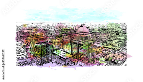 Building view with landmark of Greensboro is a city in North Carolina. Watercolor splash with hand drawn sketch illustration in vector. photo