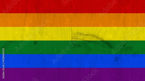 The rainbow flag (a symbol of lesbian, gay, bisexual, transgender, and queer pride) painted on a piece of raw wood with knots. 
