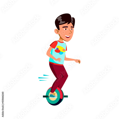 chinese boy riding monowheel electronic transport on street cartoon vector. chinese boy riding monowheel electronic transport on street character. isolated flat cartoon illustration