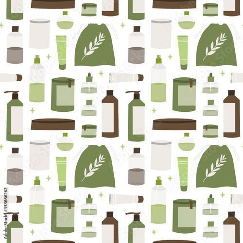 Apothecary bottle: febrifuge, antipyretic, syrup, ointment, drops, cream. Homeopathy, naturopathy. Holistic medicine. Natural organic herb. Vector flat cartoon illustration, seamless pattern