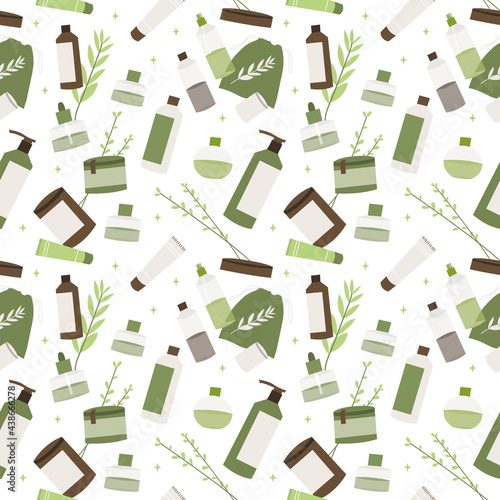 Apothecary bottle: febrifuge, antipyretic, syrup, ointment, drops, cream. Homeopathy, naturopathy. Holistic medicine. Natural organic herb. Vector flat cartoon illustration, seamless pattern