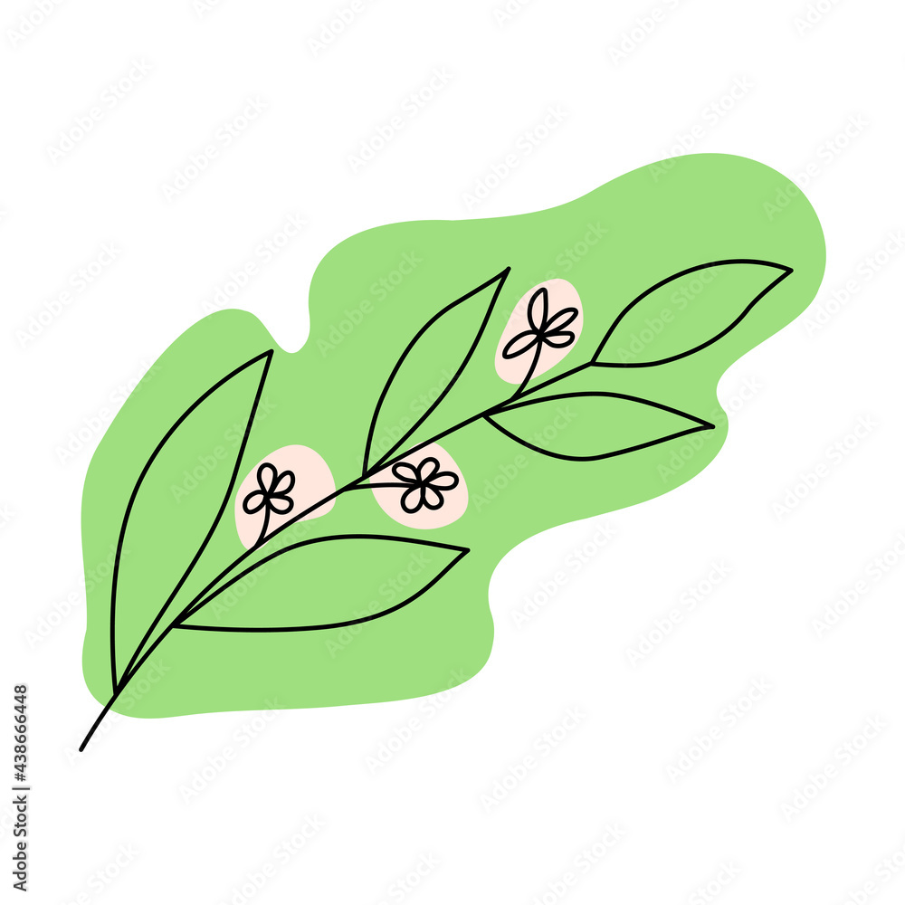 Blooming branch. Minimalist line art illustration on abstract green spot Blooming branch. Minimalist line art illustration on abstract green spot